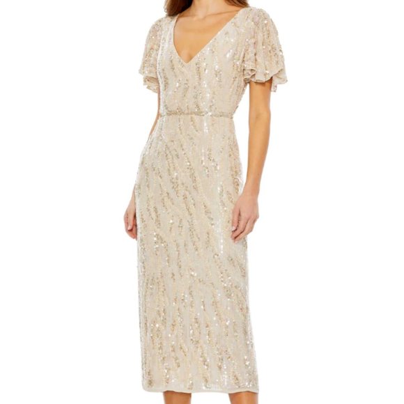 MAC DUGGAL 93591 SEQUINED V-NECK FLUTTER SLEEVE OYSTER SHEATH MIDI DRESS sz 4 - Picture 5 of 5